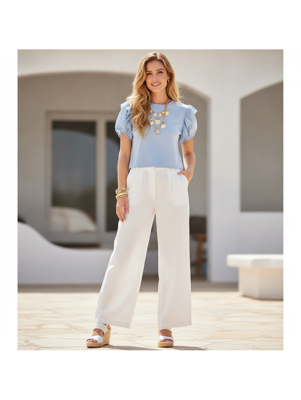 ZARA Ruffled Short Sleeve Top in Cornflower Blue, Size Medium